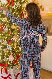Postcards To Santa Unique Print Ruffles Trim Pocket Shirt and Elastic Waist Pajama Set