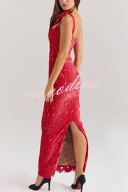 Holiday Intimacy Embroidered Floral Lace Bow Shoulder Straps Slit Maxi Dress