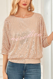 Solid Color Sequined Loose Round Neck Casual Top