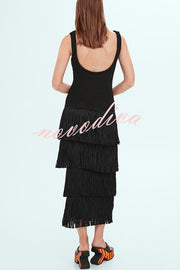 Solid Color Sleeveless Slim Fit Fringed Hem Knitted Midi Dress