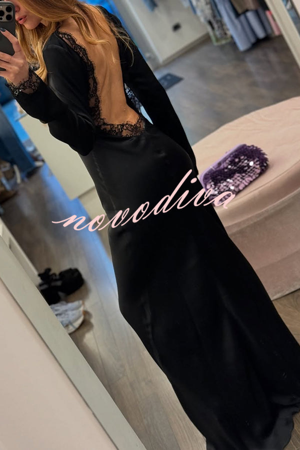 Mystic Moment Satin Lace Trim Long Sleeve Backless Maxi Dress