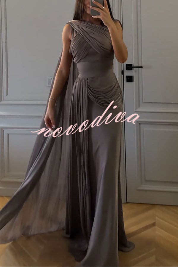Solid Color Satin Sleeveless Waist Elegant Pleated Ribbon Maxi Dress