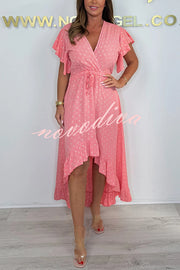 Resort Style V-neck Ruffle Sleeves Waist Tie Irregular Midi Dress