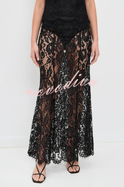 Make An Entrance Floral Stretch Lace Mid Rise Flare Maxi Skirt