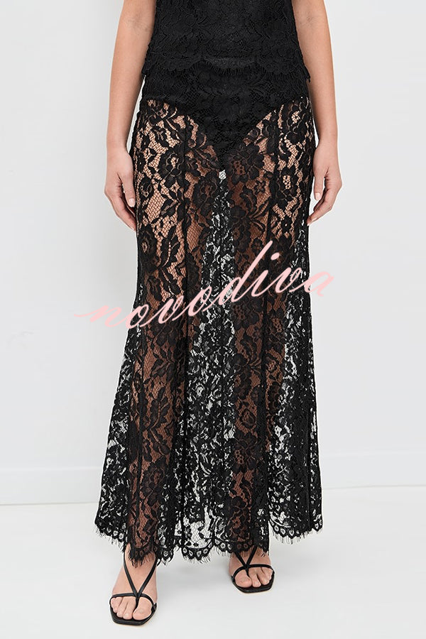 Make An Entrance Floral Stretch Lace Mid Rise Flare Maxi Skirt