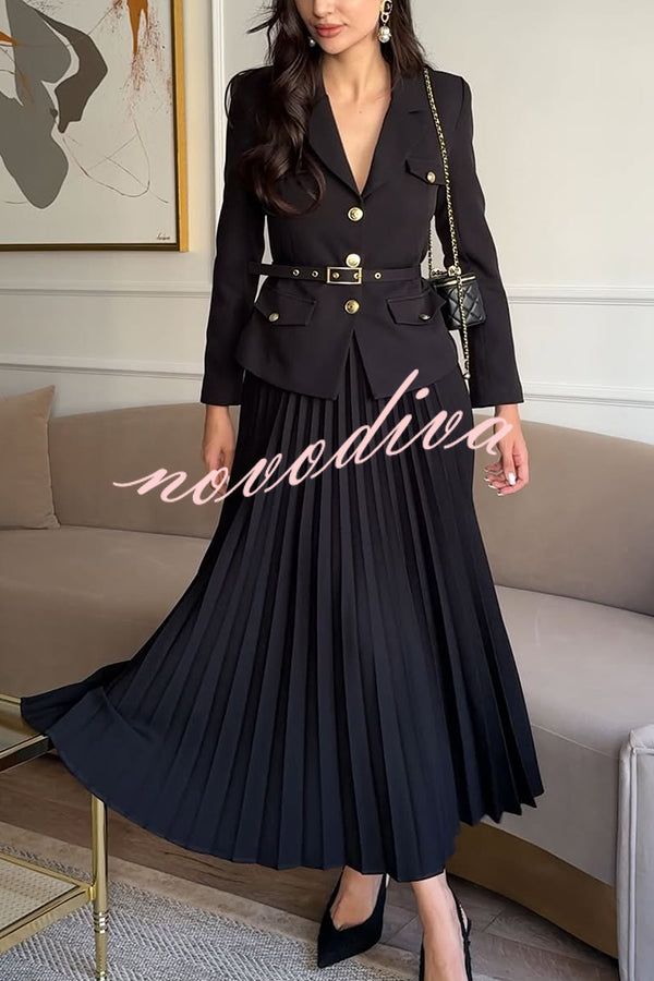 Solid Color Lapel Button Belt Blazer and Pleated Casual Maxi Skirt Set