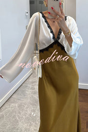 Lainei Contrast Color Satin Lace Trim V-neck Long Sleeve Maxi Dress