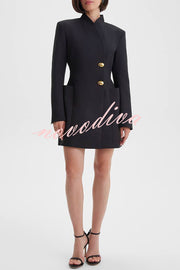 Kayleen Stand V-neck Decorative Metal Button Long Sleeve Pocket Blazer Mini Dress