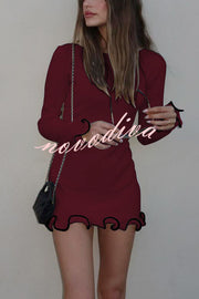 Fashionable Rolled Hem Round Neck Long Sleeve Slim Fit Mini Dress