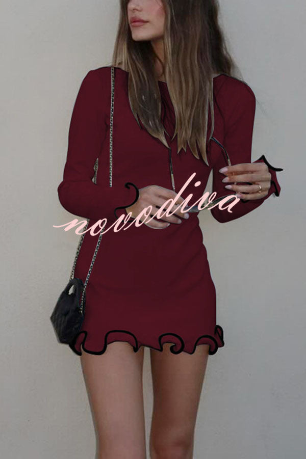 Fashionable Rolled Hem Round Neck Long Sleeve Slim Fit Mini Dress