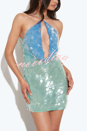 Fashion Sexy Sequined Backless Halter Neck Slim Fit Mini Dress