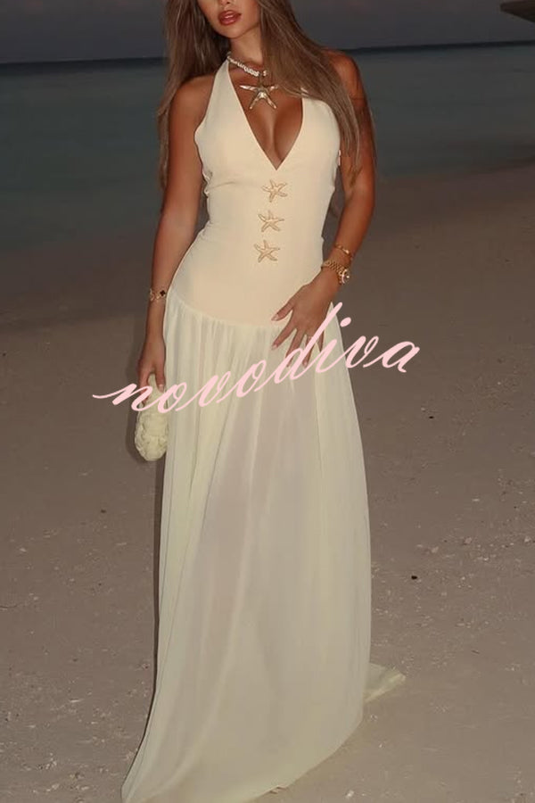 Giselle Gold Starfish Hardware Halter Back Lace-up Tulle Maxi Dress