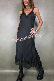 Fashionable V-neck Suspender Lace Splicing Casual Midi Dress