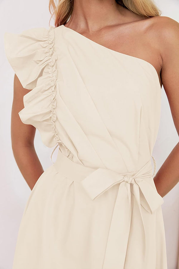 Solid One Shoulder Ruffled Sleeves Tie Waist Maxi Dress