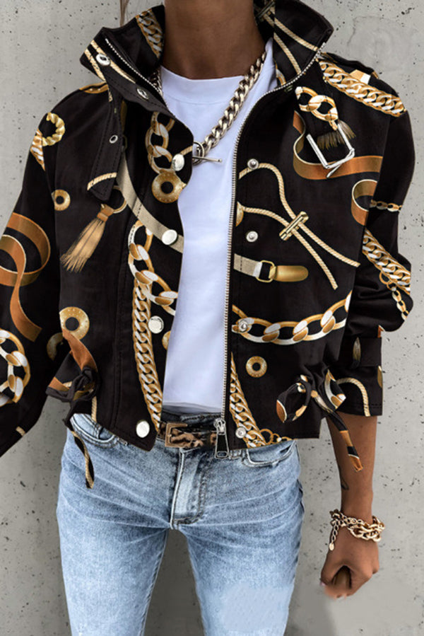 Unique Stylish Printed Casual Pocket Statement Jacket