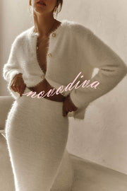 Solid Color Long-sleeved Button-pocket Knitted Jacket and Elegant Long Skirt Set