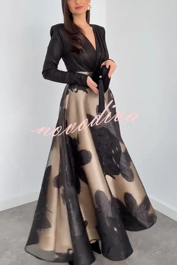 Chic Celebration Glossy Fabric Pleated V-neck Long Sleeve Stretch Bodysuit