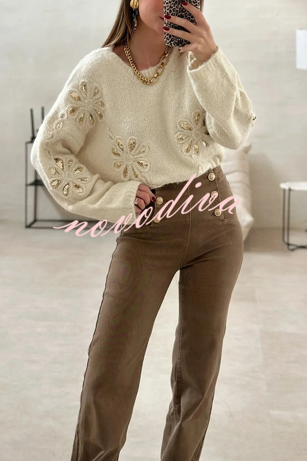 Fashionable Sequined Floral Loose Long-sleeved Knit Sweater