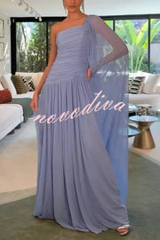 End of Light Chiffon One Shoulder Single-sleeve Shawl Ruched Maxi Dress