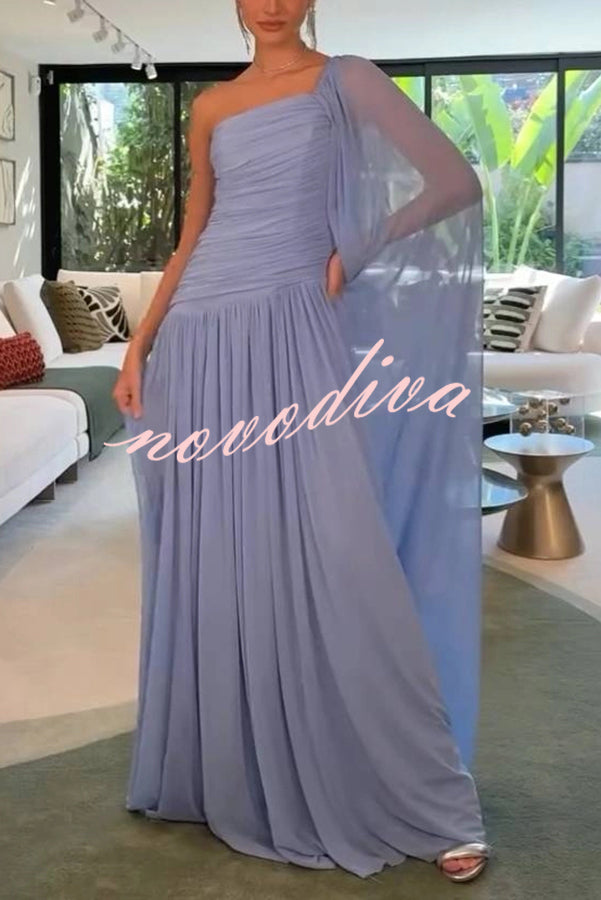 End of Light Chiffon One Shoulder Single-sleeve Shawl Ruched Maxi Dress