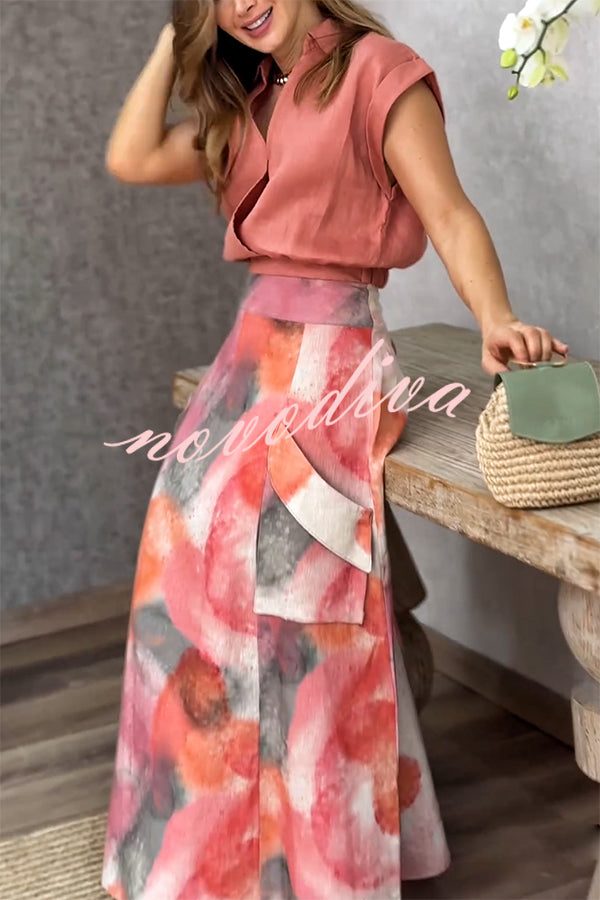 Laylin Wide Sleeve Shirt and Watercolor Print High Waist Drape Pocket Maxi Skirt Set