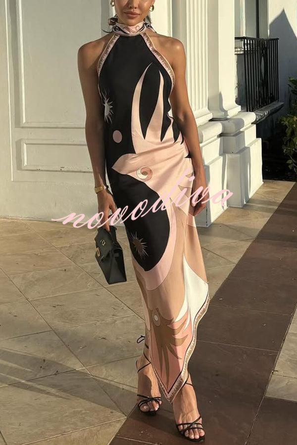 Satin Unique Print Halter Neck Backless Irregular Vacation Midi Dress
