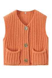 Solid Color Sleeveless Pocket Knitted Vest