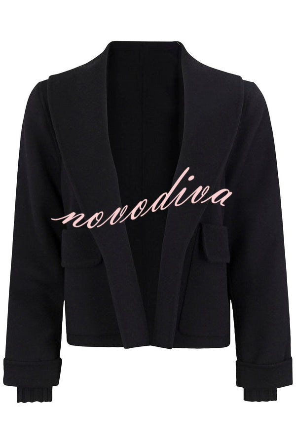 Comfortable Season Shawl Collar Open-front Long Sleeve Flap Pockets Crop Coat