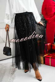 Party Daydream Sequin Tulle High Rise Elastic Waist Maxi Skirt