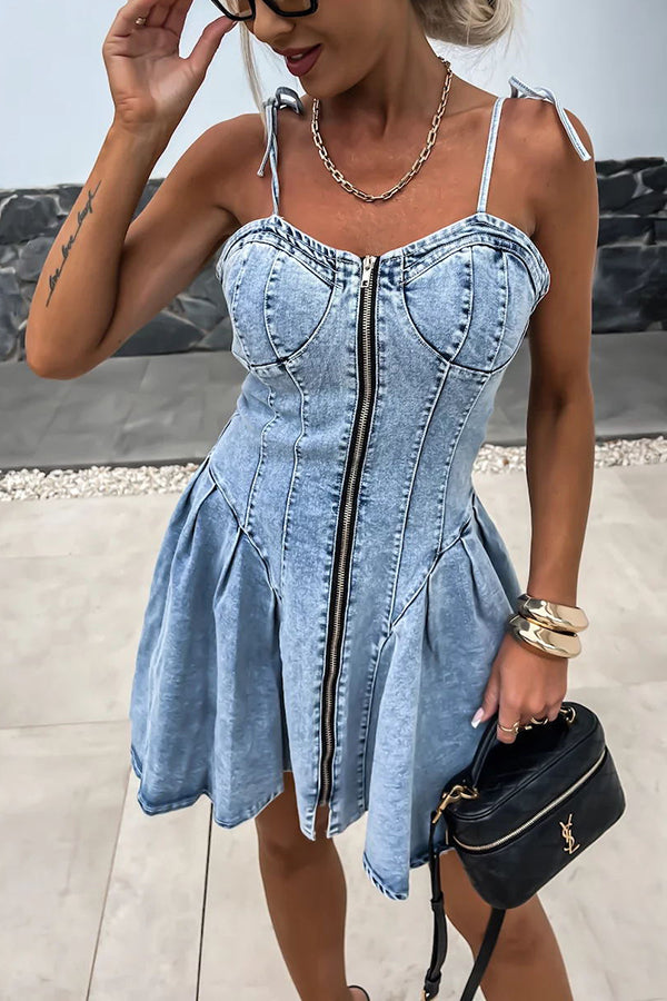 Sweet and Unique Washed Denim Center Front Zipper Stretch Mini Dress