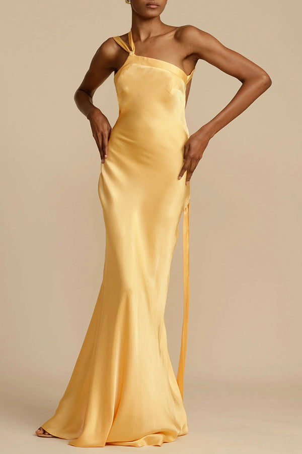 Moonlit Soiree Satin Asymmetrical One Shoulder Backless Strap Maxi Dress