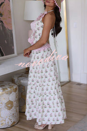 Tatum Printed Ruffle Trim Halter Top and Elastic Waist Flowy Maxi Skirt Set