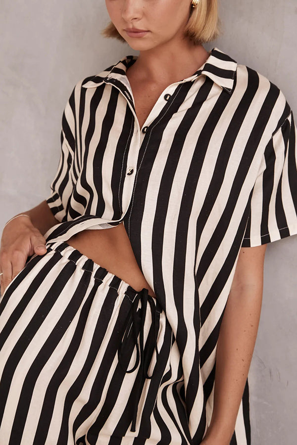 Erika Striped Casual Shirt and Elastic Waist Pocket Wide Leg Pants Set