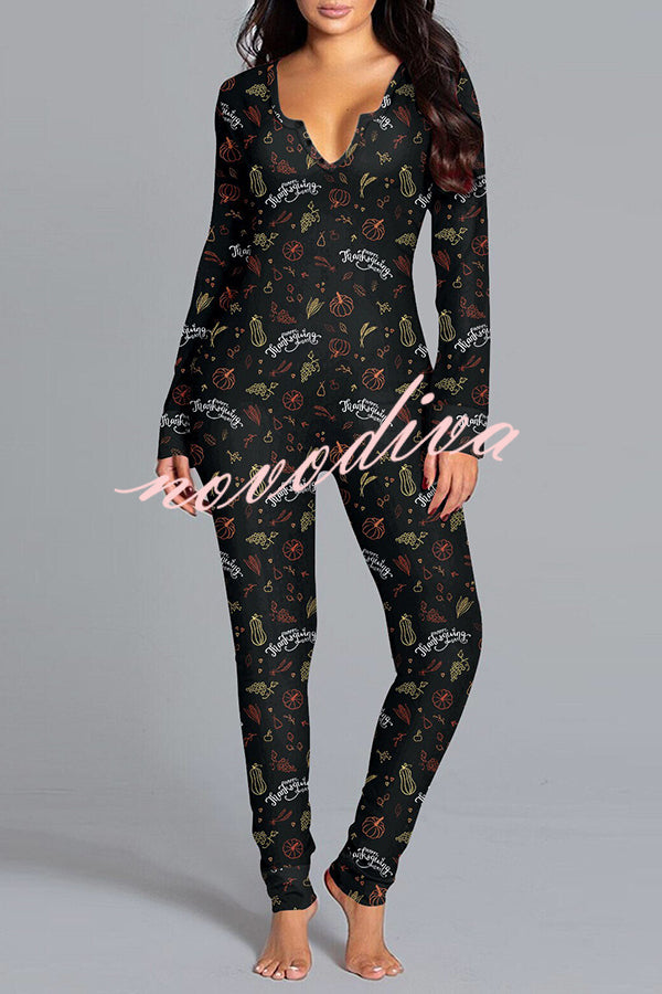 Ghost Country Halloween Print Long Sleeve Lounge Jumpsuit
