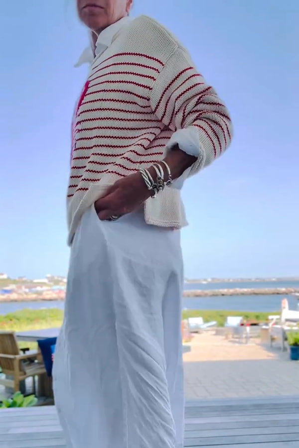 Striped Lobster Print Crew Neck Loose-fitting Knitted Sweater
