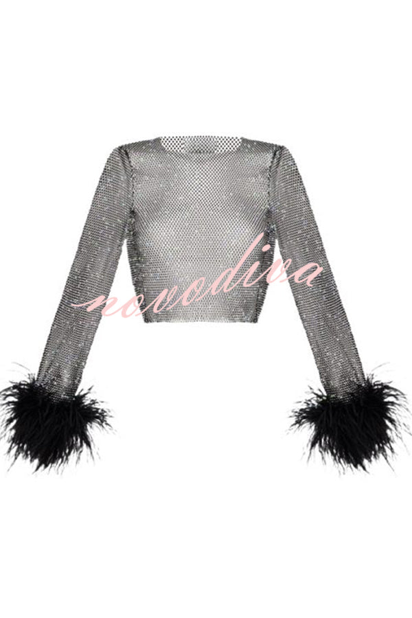 Sparkly Holiday See-through Glitter Fabric Feather Trim Top