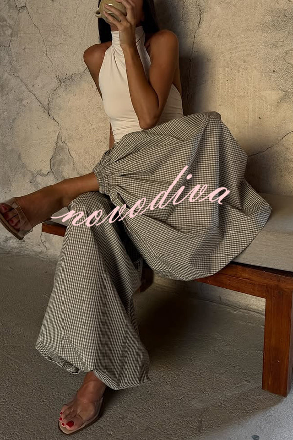Fashion Plaid Print Elastic Waist Pocket Loose Wide-leg Pants