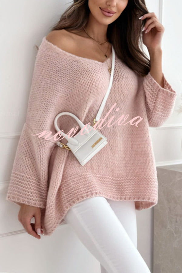 Solid Color Loose V-neck Casual Knitted Sweater