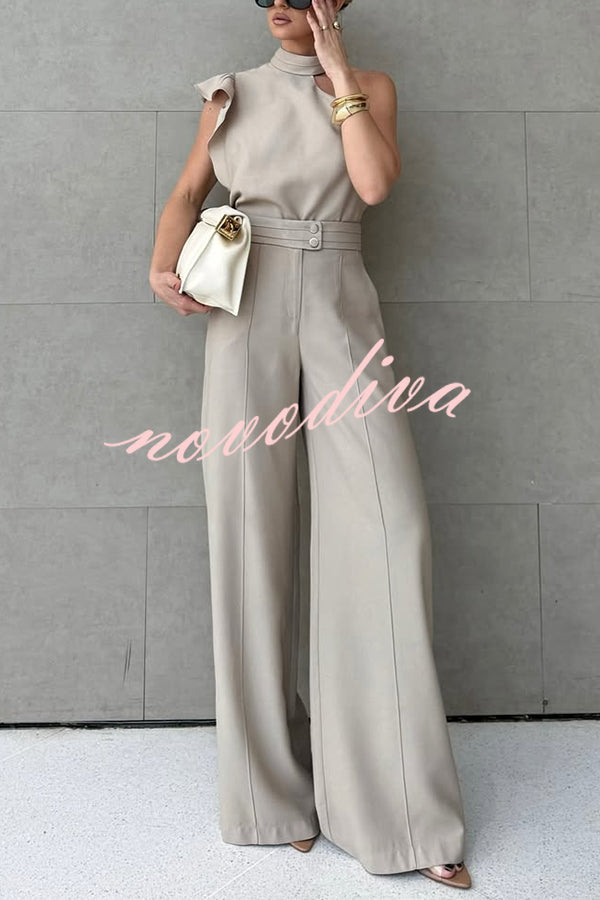 Fashionable One-shoulder Ruffled Top and Casual Simple Straight-leg Suit Pants Set