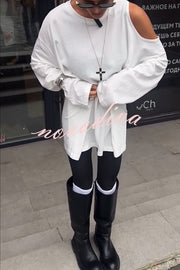 Various Ways Cutout Shoulder Long Sleeve Side Button Relaxed T-shirts