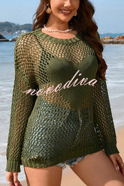 Solid Color Round Neck Long Sleeve Heart Knitted Beach Cover Up