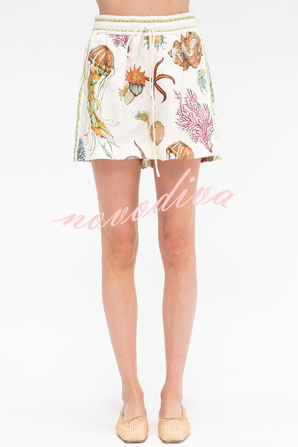 Beach Shell Print Short Sleeve Loose Shirt and Elastic Waist Tie Casual Pocket Shorts Set
