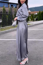 Satin Elegant Long-sleeved Lapel Shirt and High-waisted Draped Maxi Skirt Set