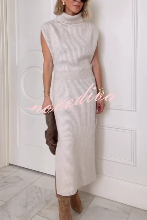 Solid Color Sleeveless Knitted Elegant Waist Midi Dress