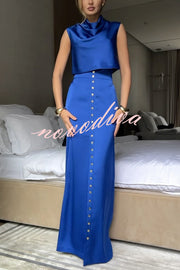 Solid Color Casual Sleeveless Crop Top and Elegant Button-down Maxi Skirt Set