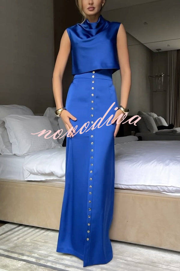 Solid Color Casual Sleeveless Crop Top and Elegant Button-down Maxi Skirt Set