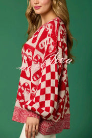 Christmas Candy Plaid Round Neck Long Sleeve Loose Knit Sweater