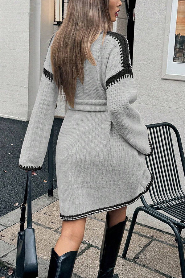 Stylish Loose-fitting Long-sleeved Tie-waist Knit Mini Dress