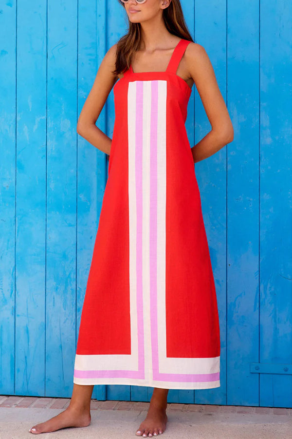 Striped Print Resort Style Casual Sling Maxi Dress