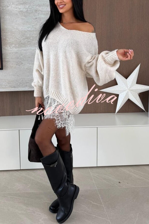 Comfy and Sweet Knit Lace Patchwork Hem Wide Neck Long Sleeve Loose Sweater